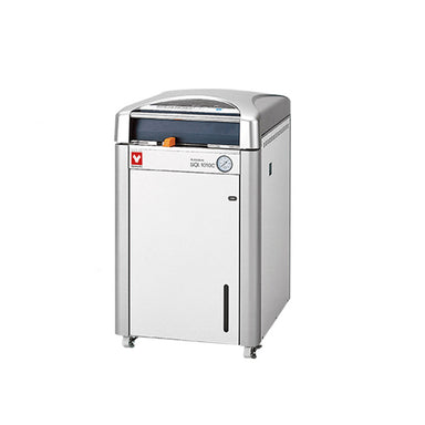 Silver colored Yamato SQL1010C autoclave on a white background
