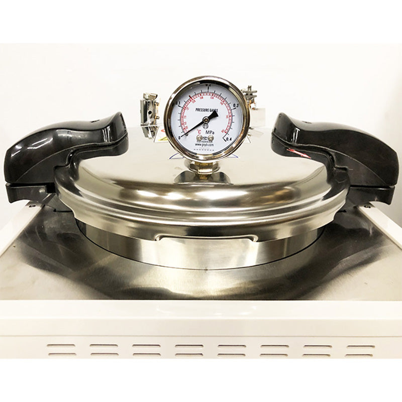 Yamato SK series autoclave lid with a pressure gauge on a white background