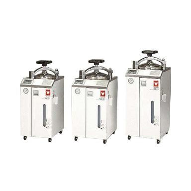 Three different sized Yamato SM series autoclaves on a white background