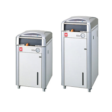 Two different sized Yamato SN series autoclaves silver in color on a white background