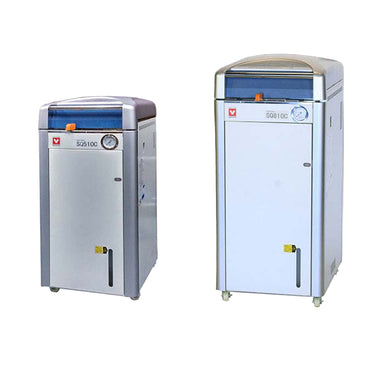Two different sized Yamato SQ series autoclaves silver in color on a white background