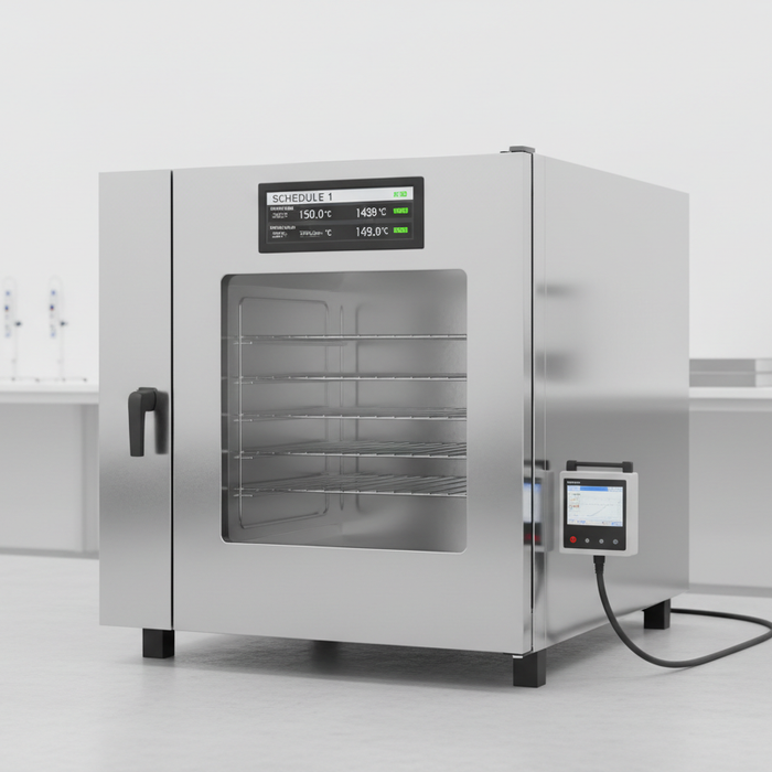 Stainless steel laboratory oven requiring temperature uniformity survey validation for regulatory compliance