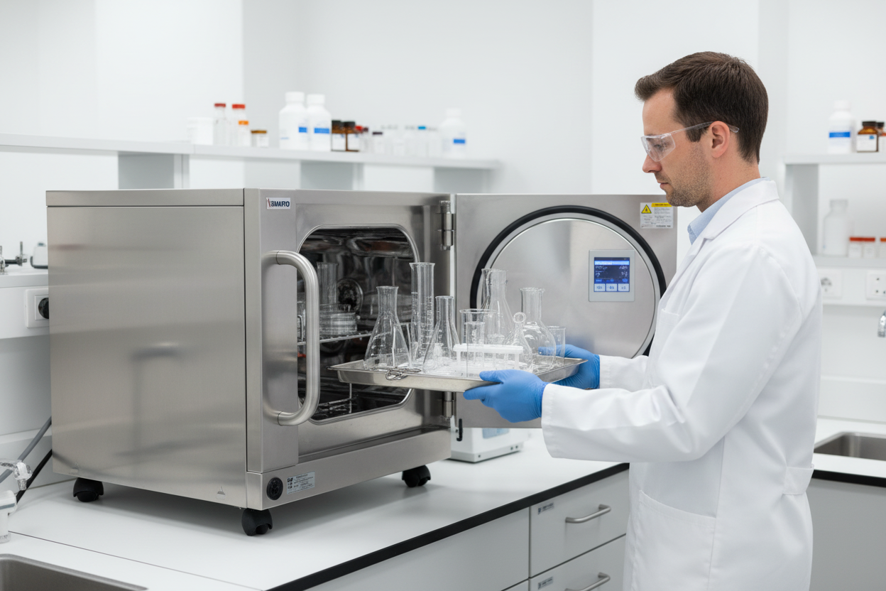 Laboratory technician loading glassware into steam autoclave sterilizer