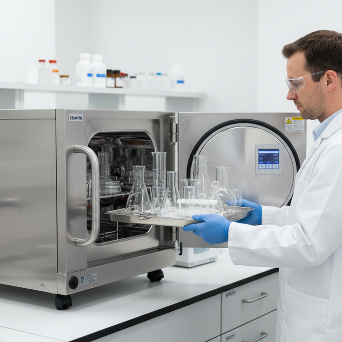 Laboratory technician loading glassware into steam autoclave sterilizer