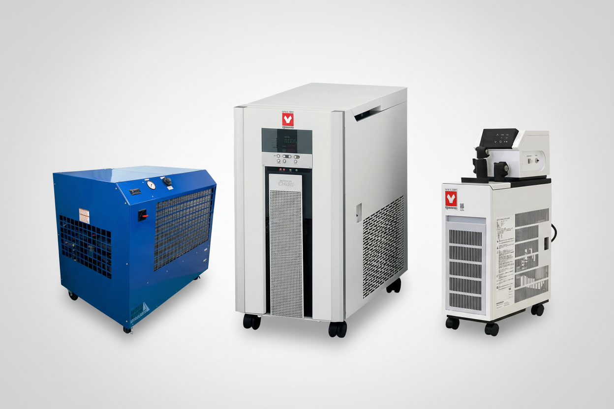 Portable water chillers including North Slope and Yamato models requiring regular maintenance for optimal cooling performance