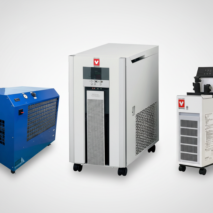 Portable water chillers including North Slope and Yamato models requiring regular maintenance for optimal cooling performance