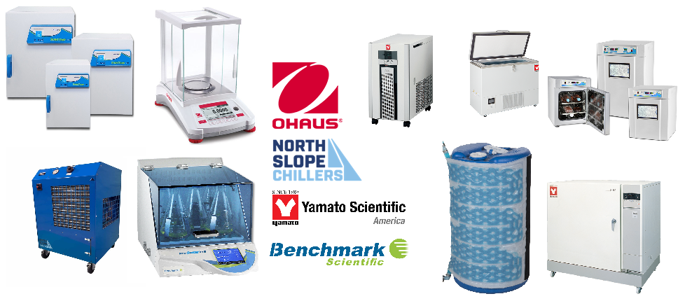 Laboratory equipment including ovens, incubators, ultra-low freezers, water chillers, and analytical balances for research and industrial applications