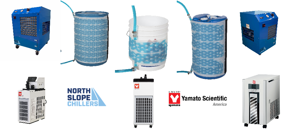 Laboratory water chillers display featuring Deep Freeze, Freeze and Flux wrap by North Slope Chillers, three Yamato water circulators, North Slope Chillers logo, and Yamato's logo