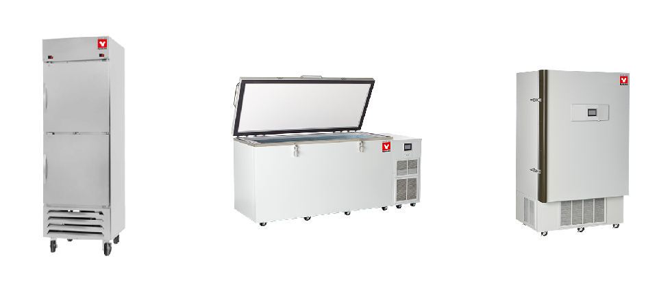 Three Yamato cold storage units - RFC-501 refrigerator, ULF-901C chest freezer, and ULF-801UP upright freezer for laboratory sample preservation