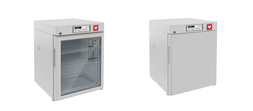 Two Yamato laboratory refrigerators - UCR-001G with glass door and UCR-001 with solid door for sample storage
