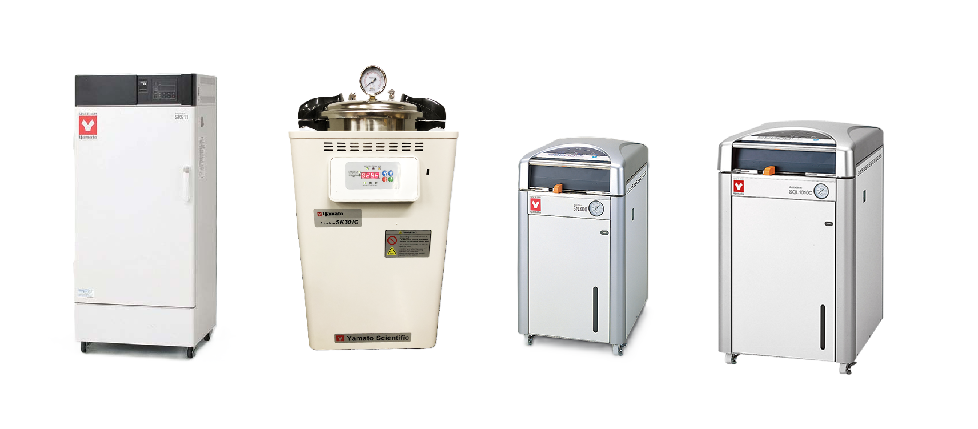 Three Yamato autoclave models - SK-301C, SM-530, and SQL-1010C for laboratory sterilization