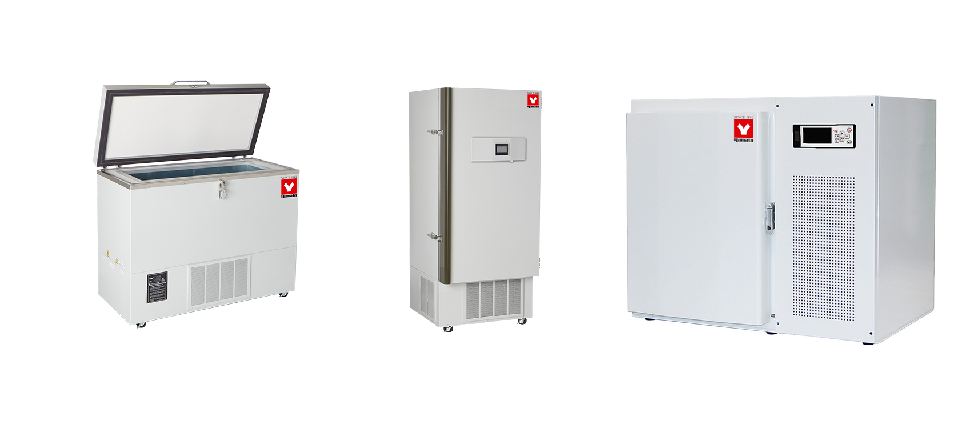 Three Yamato ultra-low temperature freezers - ULF-301 chest style, ULF-801UP upright, and ULF-101UN for laboratory sample storage