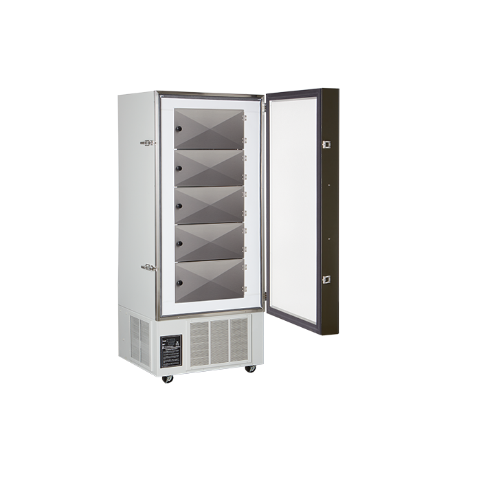 Yamato VUF-401U upright ultra-low freezer, 13 cu ft, touchscreen control, powder coated steel cabinet, four lockable casters