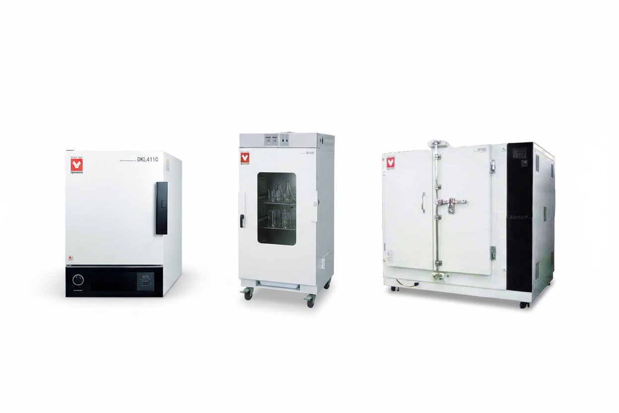 Yamato forced convection laboratory ovens ranging from budget DKL benchtop model to mid-range DG series to premium large-capacity DF fine oven