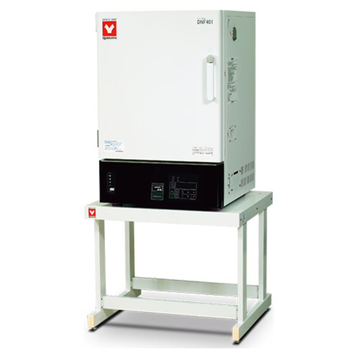 Yamato DNF Series 90L Programmable Forced Convection Laboratory Oven on a heavy-duty stand, featuring a single-swing door and digital V-type controller.