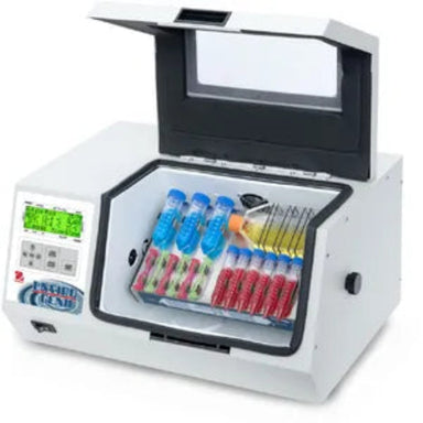 Ohaus Enviro-Genie e-MI3C refrigerated incubator with lid open, showing sample tubes and a flask mounted inside the chamber and the digital control panel.