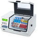 Ohaus Enviro-Genie e-MI3C refrigerated incubator with lid open, showing sample tubes and a flask mounted inside the chamber and the digital control panel.