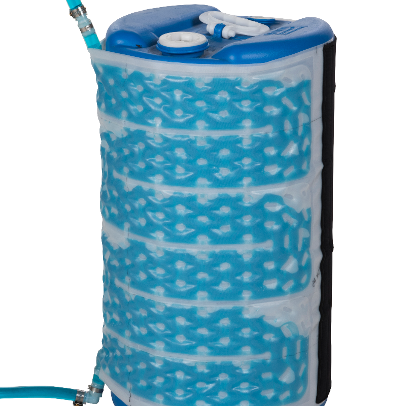 North Slope Chillers FLUX15 cooling jacket with blue coolant wrapped around a container