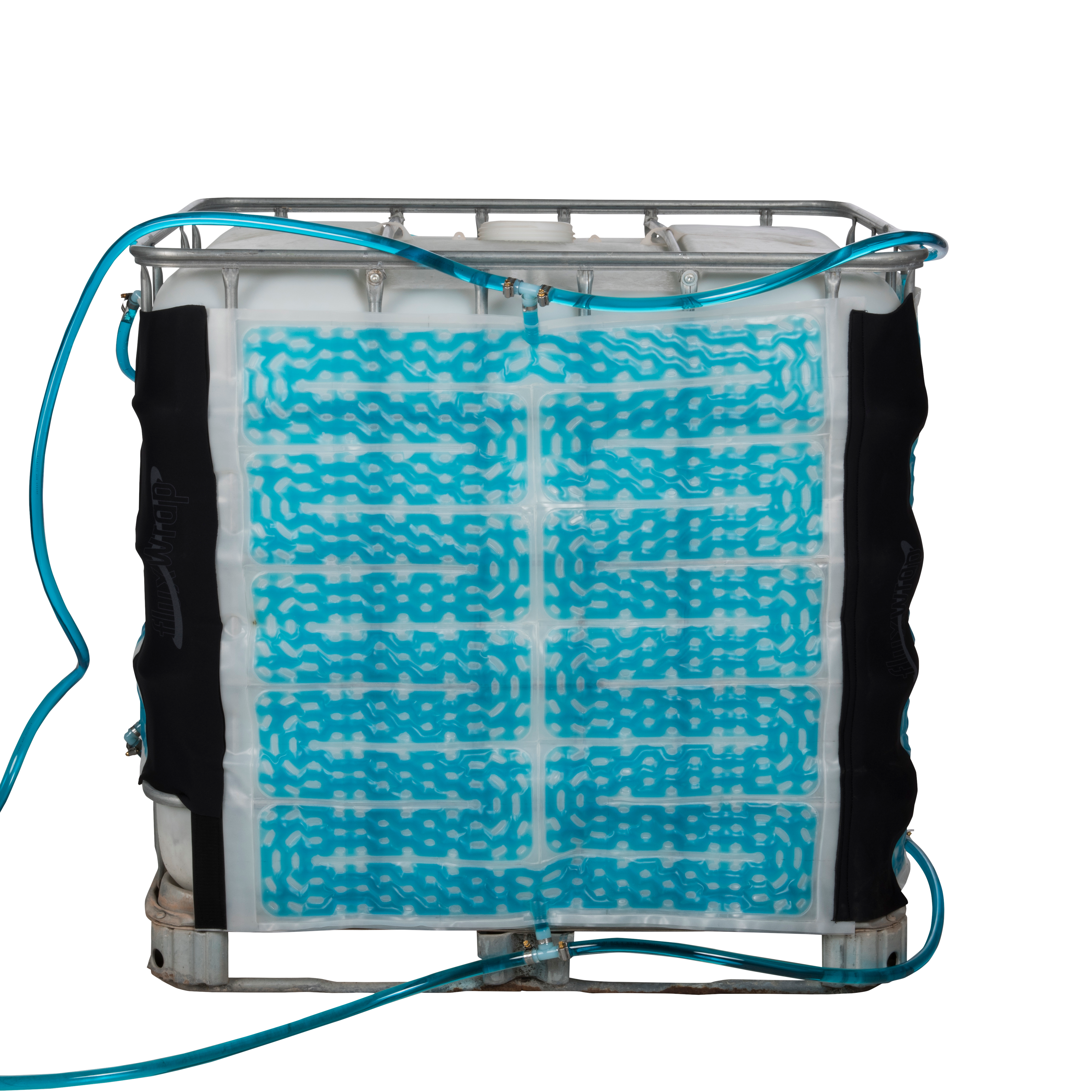 North Slope Chillers FLUX275 cooling jacket with blue coolant wrapped around a white container