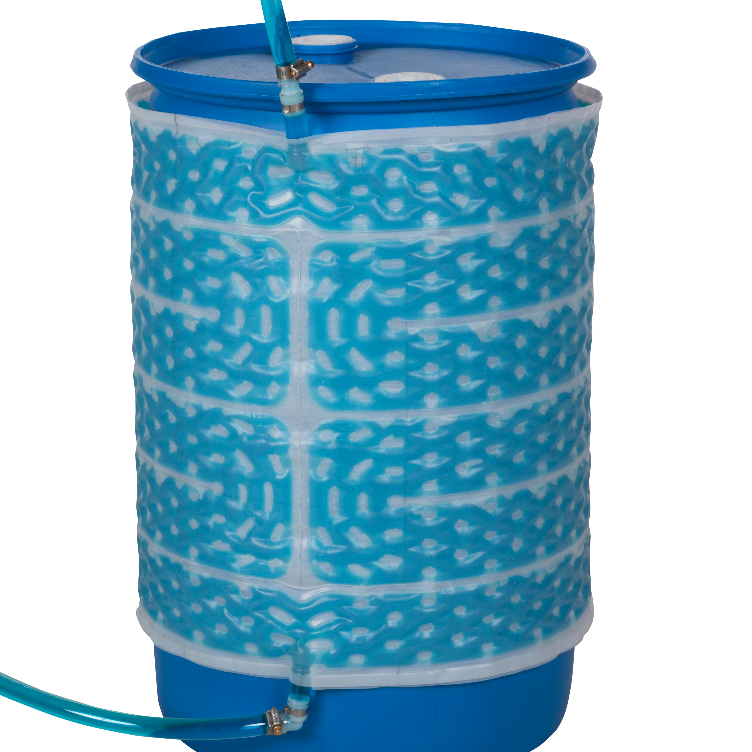 North Slope Chillers FLUX30 cooling jacket with blue coolant wrapped around a drum
