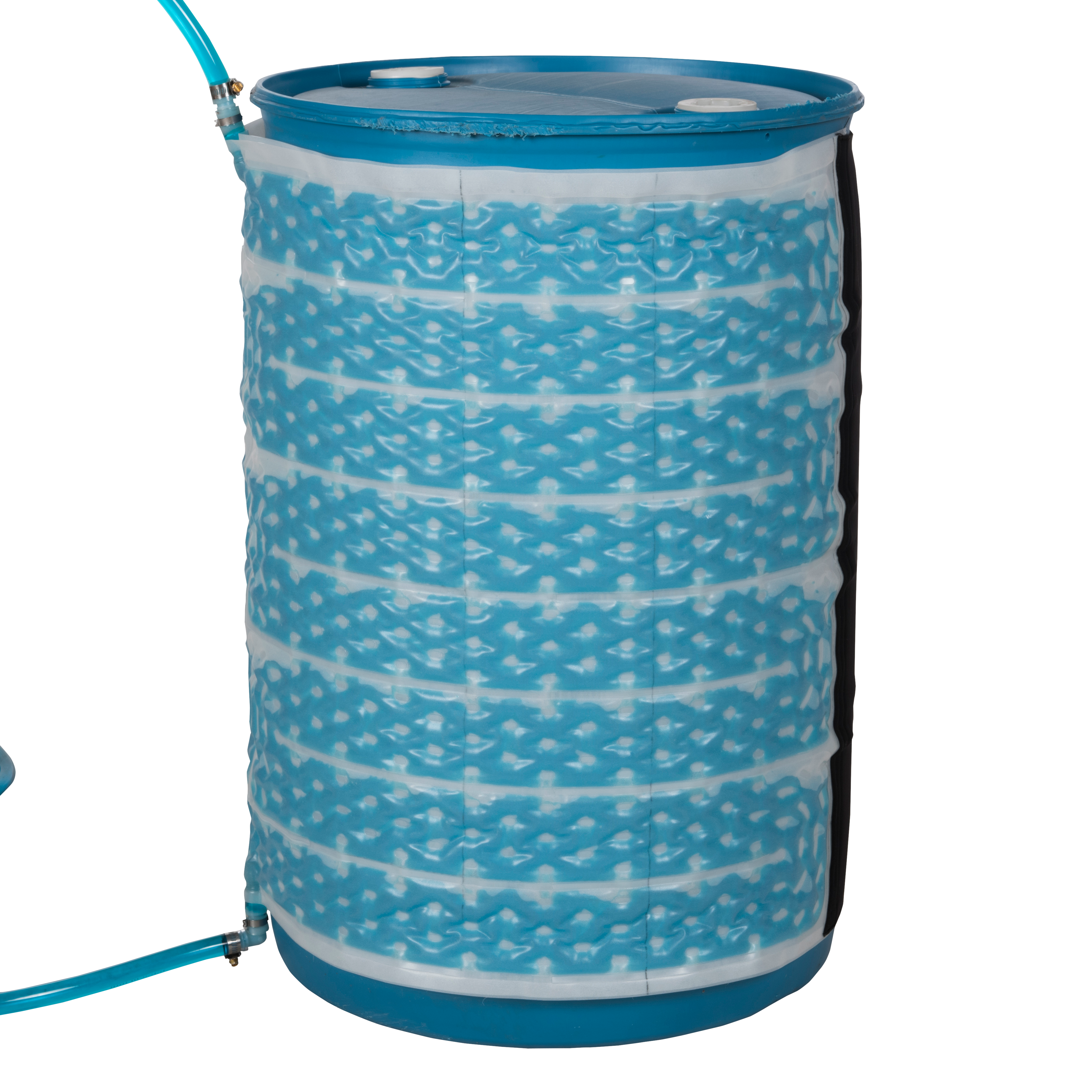North Slope Chillers FLUX55 cooling jacket with blue coolant wrapped around a drum