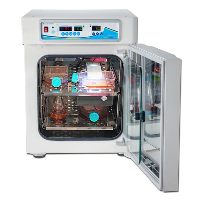 Benchmark H3565 incubator with door open showing stainless-steel interior on a white background