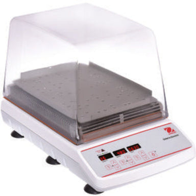 Ohaus ISLD04HDG light-duty incubating shaker with a clear cover, perforated sample tray, and front digital control panel.