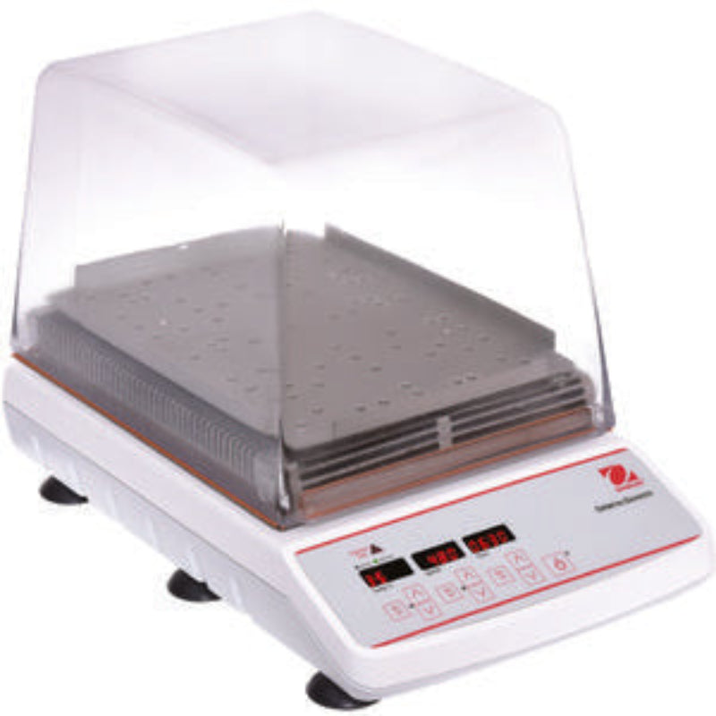 Ohaus ISLD04HDG light-duty incubating shaker with a clear cover, perforated sample tray, and front digital control panel.