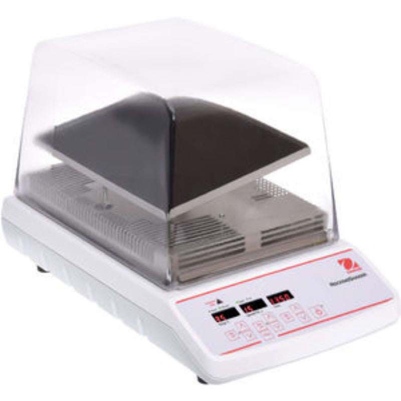OHAUS ISRK04HDG incubating rocking shaker with a clear enclosure, black rocking tray, and front-mounted digital controls.