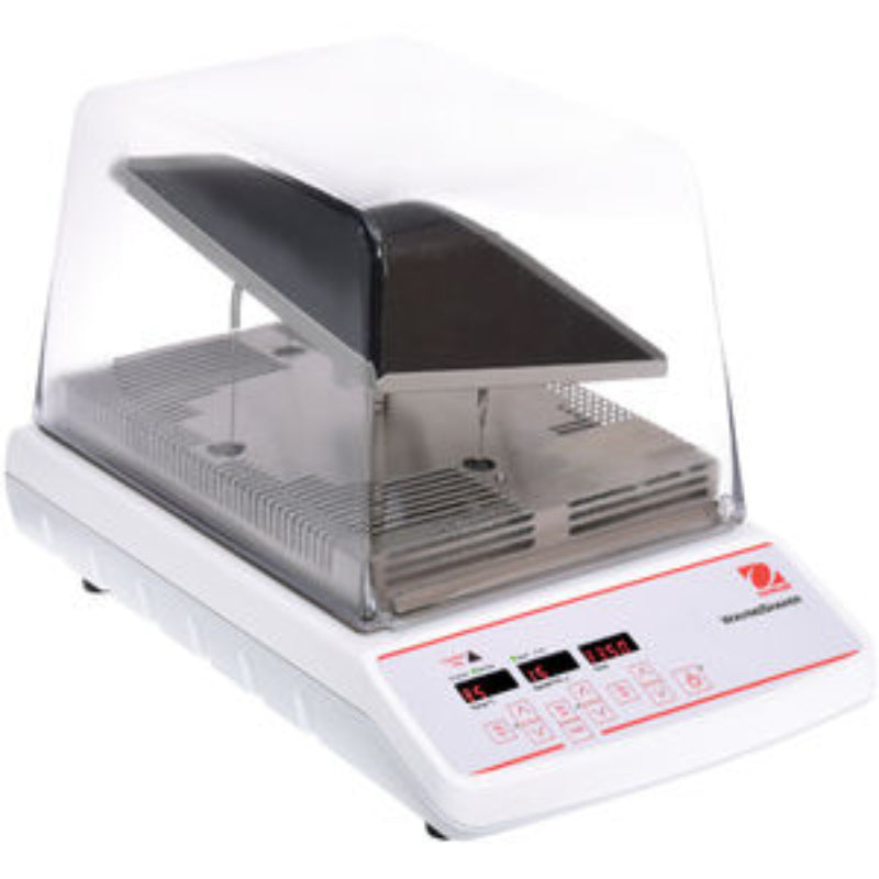 OHAUS ISWV02HDG incubating waving shaker with a clear enclosure, tilted black tray, and front-mounted digital controls.