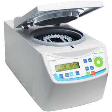 Benchmark Scientific MC-24R refrigerated microcentrifuge with lid open, showing the COMBI-Rotor and front control panel.