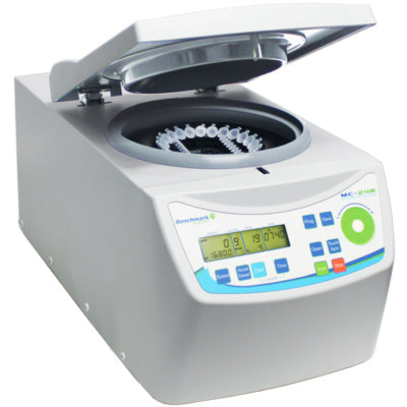 Benchmark Scientific MC-24R refrigerated microcentrifuge with lid open, showing the COMBI-Rotor and front control panel.