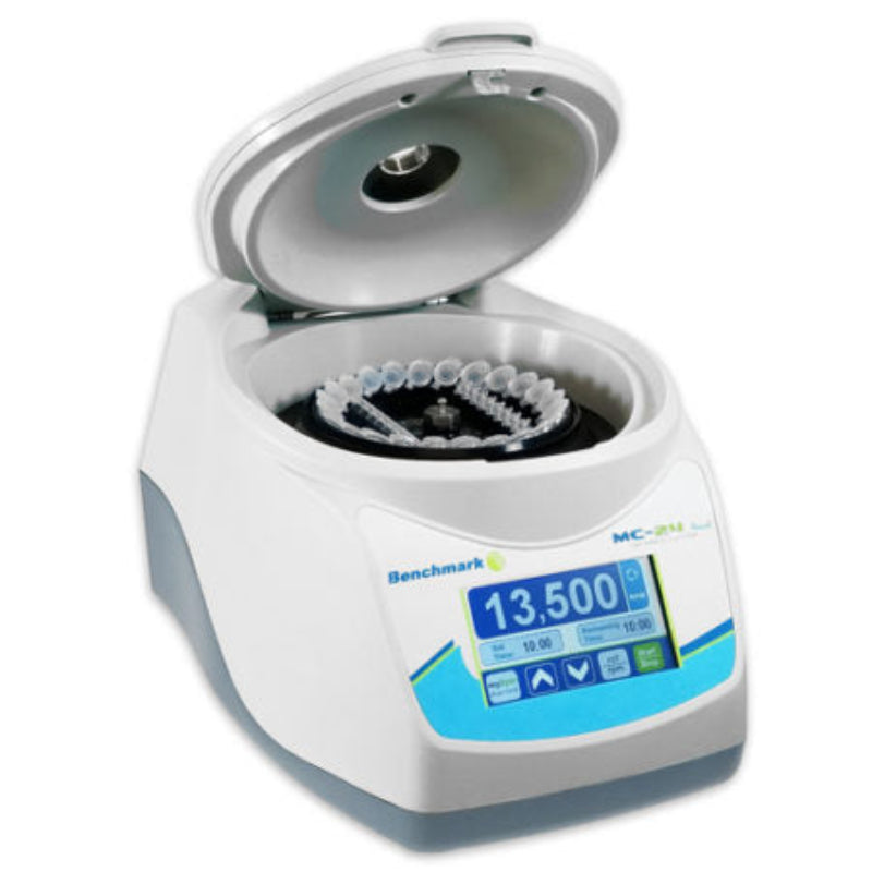 Benchmark Scientific MC-24 Touch microcentrifuge with lid open, showing the COMBI-Rotor and color touchscreen controls