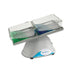 Benchmark Scientific Mini BlotBoy B3D1008 3D rocker with a tilted platform holding two clear trays of green and blue liquid.