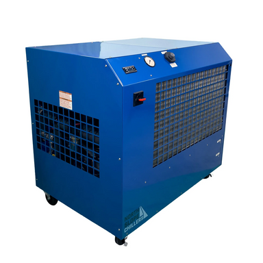 North Slope Chillers blue industrial process chiller, left front corner view on a white background