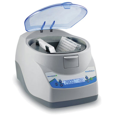 Benchmark Scientific PlateFuge 2D digital microplate centrifuge with lid open, showing angled plate carriers, a microplate, and the front digital control panel.
