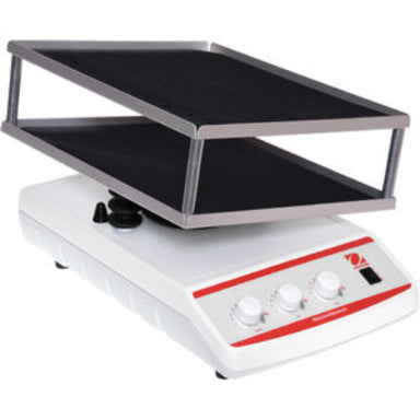 SHRK07AL2 two-tier rocking shaker with two black trays, a white base, and front-mounted analog controls.