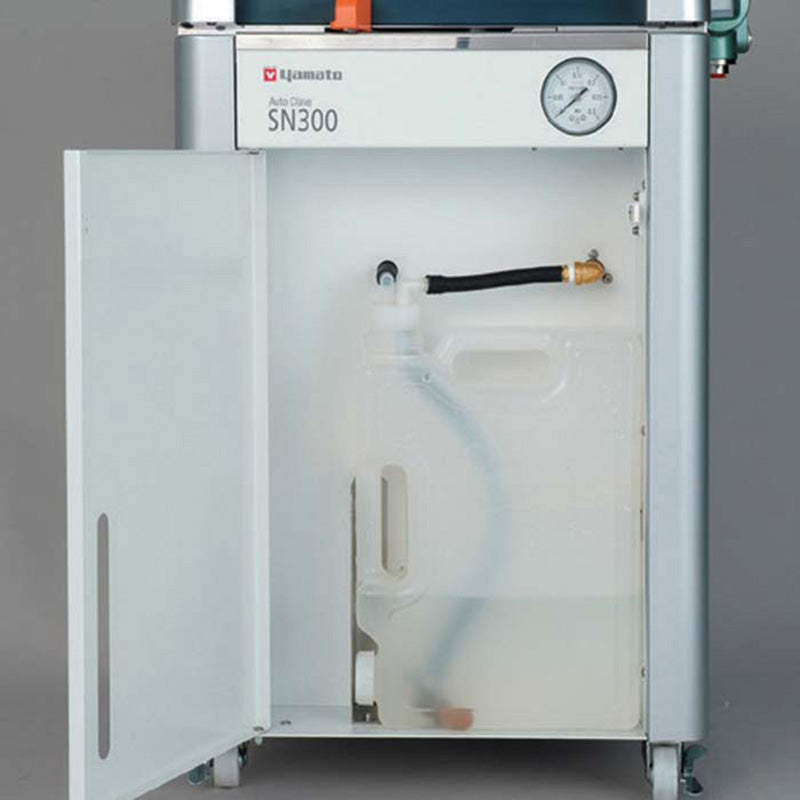 Yamato SN300 autoclave with the front panel open to show the drain bottle