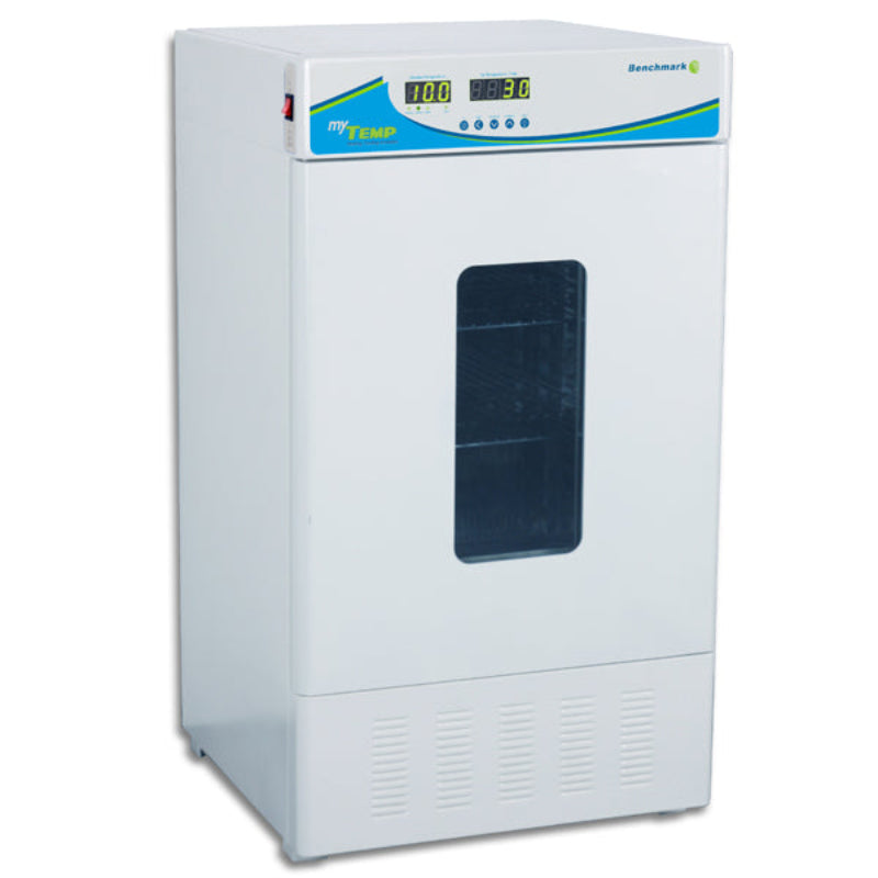 Benchmark Scientific myTemp 65 H2265-HC heating and cooling incubator with a front viewing window, digital controls, and lower ventilation panel.